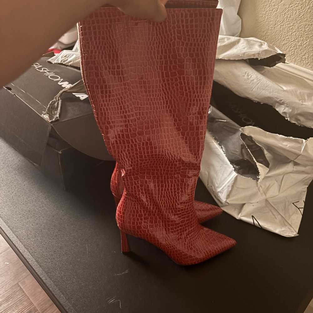 Red Croc-Embossed Knee-High Boots